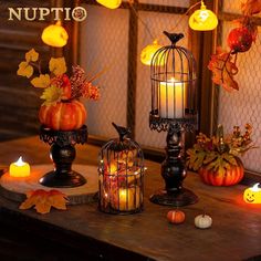 candles and pumpkins sit on a table with an old birdcage in the center