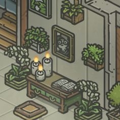 a living room filled with plants and candles