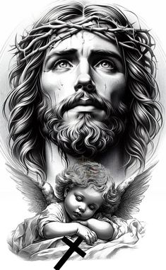 the face of jesus holding a baby in his arms with an x drawn on it