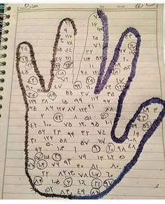 a hand made out of writing on top of a notebook