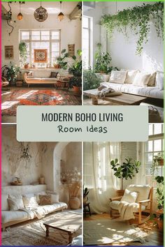 modern boho living room ideas with lots of natural light and plants on the walls