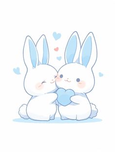 two white rabbits hugging each other with hearts