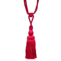 a red tasselled necklace with a long cord on the end and a knot at the end