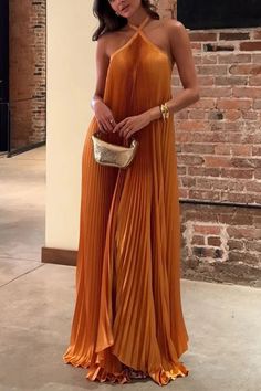 Luxurious Atmosphere Satin Halter Neck Backless A-line Gown Maxi Dress – ricidress Boho Wedding Attire Guest, Sleeveless Dresses, Maxi Gown Dress, Holiday Party Dresses, فستان سهرة, Rust Dress, Mini Robes, Backless Maxi Dresses, Style Party