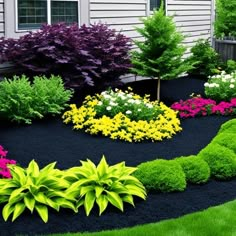 a garden with flowers and bushes in front of a house