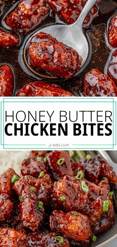 honey butter chicken bites in a skillet with rice