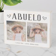 a wooden block with two photos on it and the words abuelo printed in black