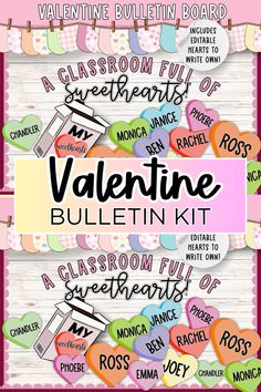 valentine bulletin kit with hearts and words on the front, in pinks and white