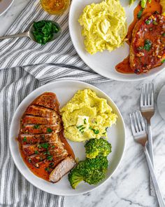 two plates with meat, mashed potatoes and broccoli