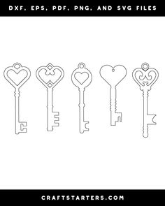 six keys with hearts and arrows on them, all in black and white coloring pages