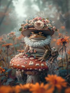 a gnome sitting on top of a mushroom in the middle of flowers