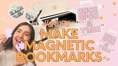 a woman is holding up a book near an old typewriter with the words make magnetic books on it