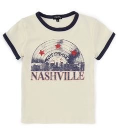 From Originality, this T-shirt features:Contrasting round necklineShort sleeves with contrast cuffs"Music City," and Nashville" verbiage and a graphic on the frontCropped silhouettePullover stylingCottonMachine wash/tumble dryMade in the USA. Nashville T Shirts, Americana Graphic Tee, Music City Nashville, Country Tees, Red Rock Amphitheatre, Merch Ideas, Music Tees, Girls Collection