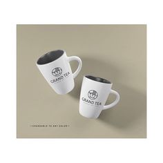 two coffee mugs sitting side by side with the words grand fest printed on them