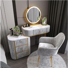 a bedroom with a vanity, chair and mirror