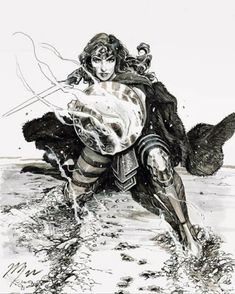 a black and white drawing of a woman kneeling in the water with an arrow on her shoulder