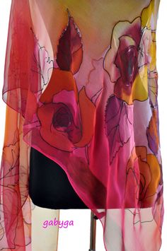 "RED ROSES ! Hand painted silk scarf, painting by hand red, rose flowers. Floral luxury silk shawl.  Beautiful accessory. Woman long silk scarf. Painting on hand flowers. Spring accessory and beautiful gift for everyone! size 17 by 70 inches=45 by 180 cm This silk scarf is painted on fine 100% pure silk , and is hand hemmed. Hand painted silk scarf is very soft, flowing, luxurious and elegant, and is an original one of a kind creation. This silk scarf is very durable and easy to care for. I reco Red Floral Print Silk Scarf As A Gift, Red Floral Print Silk Scarf As Gift, Artistic Hand Painted Red Silk Scarf, Scarf Painting, Silk Chiffon Scarves, Hand Painted Scarves, Hand Flowers, Silk Scarf Painting, Design Fields