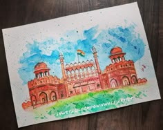 a watercolor painting of a building with two towers and a flag on the top