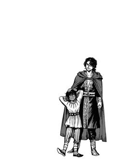 a black and white drawing of a man holding a child's hand while standing next to him