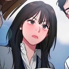 an anime character with long black hair and two other characters behind her looking at the camera