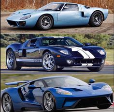 two different sports cars side by side one is blue and the other is black with white stripes