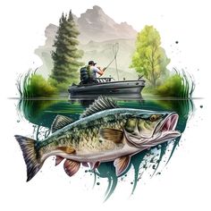 two large fish are in the water while a man is on a boat with a fishing rod