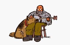 a drawing of a man sitting on a stool with his dog and playing the guitar