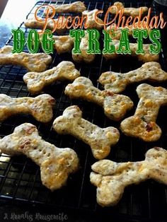 dog treats are cooling on a grill with the words bacon cheddar and bones