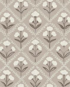 a gray and white wallpaper with flowers on it