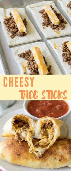 cheese taco sticks on a white plate with sauce in the middle and other food items