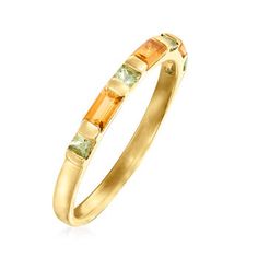 Ross-Simons - .30ct t. w. Citrine, .20ct t. w. Peridot Ring in 14kt Yellow Gold. Size 9. A citrusy mix of .30 ct. t. w. rectangular baguette citrines and .20 ct. t. w. square peridot gems alternate in this chic 14kt yellow gold ring. At 1/16" wide, it's lovely worn solo or stacked. Citrine and peridot ring. Peridot birthstones are the perfect gift for August birthdays. Yellow Gold Multi-stone Baguette Cut Rings, Peridot Birthstone, August Birthday, Citrine Ring, Peridot Ring, Timeless Jewelry, Yellow Gold Rings, Citrine, Ring Sets