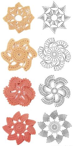 four crocheted flower designs are shown in different colors and sizes, one is orange, the other is pink