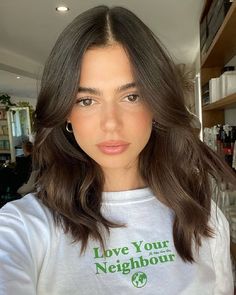 Brunette Medium Haircut, Haircuts For Brunettes Medium, Hair Cut Brunette Girl, Short Brunette Hair Oval Face, Brown Hair Front Layers, 90s Layers Brunette, Short Brown Hair 90s, Brunette Hair Gloss, Brunette Haircut Ideas