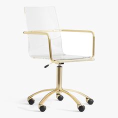 a white office chair with wheels and a gold frame around the armrests, on an isolated white background