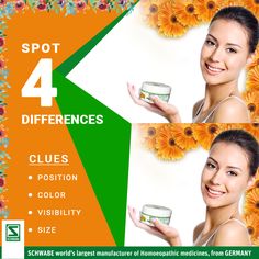 a woman with sunflowers holding up a jar of cream for her face and the caption says spot 4 differences