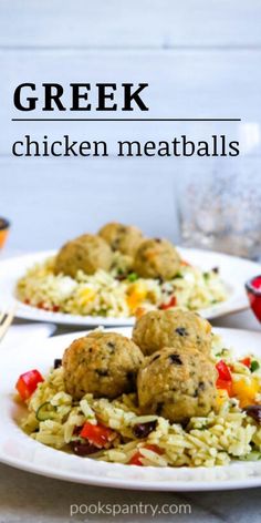 Greek chicken meatballs on a white plate on a white marble background. Greek Meatballs