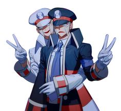 two people dressed in uniforms giving the peace sign