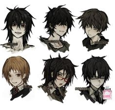 six anime characters with black hair and glasses