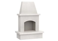 a white brick fireplace with a chevron pattern on the front and sides, set against a white background