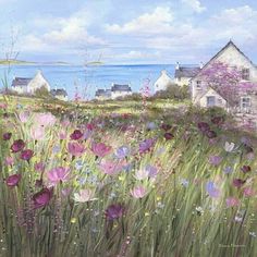 an oil painting of flowers in front of a house and the ocean with houses in the background