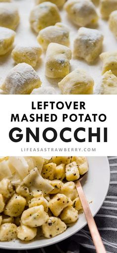 a plate full of homemade mashed potato gnocchini with text overlay that reads, leftover mashed potato gnocchini