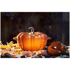 an orange pumpkin sitting on top of leaves next to a pot with a handle and lid