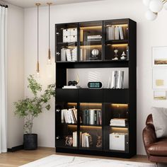 a living room filled with furniture and a clock on top of the bookcases