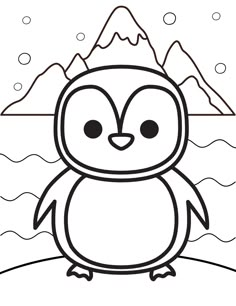 a penguin with mountains in the background and snow on it's head, coloring page