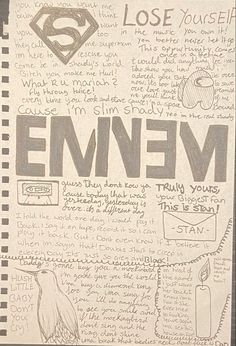 an open notebook with writing on it that says,'emnem'and superman