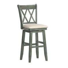 a wooden bar stool with a white cushion on the seat and backrest, against a white background