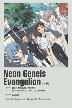 an advertisement for neon geneis evangelion, with anime characters in the background