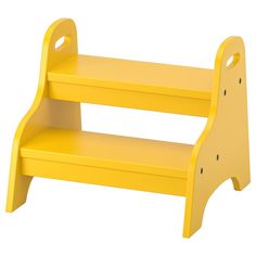 a yellow plastic step stool with two shelves on the bottom and one shelf below it