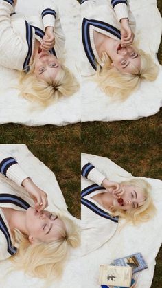 two photos of a woman laying on a blanket with her hair blowing in the wind