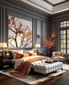 an elegant bedroom with gray walls and orange accents